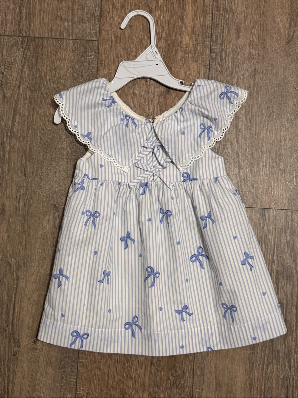 Zara Light Blue & White Striped Bow-Print Cotton Dress